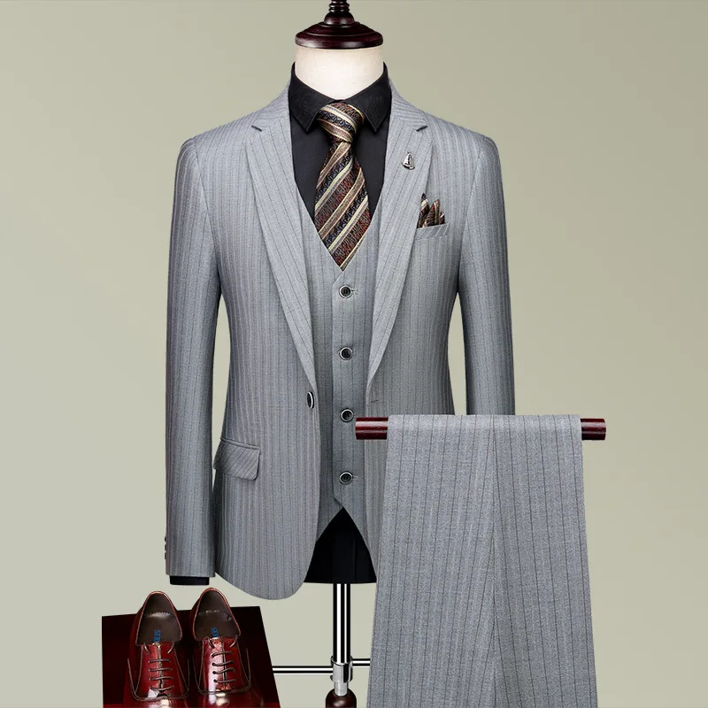 

Men Striped Suits Business Formal 3 Pieces Custom Made Groomsmen Tuxdos Bridegroom Tuxedos Suit For Wedding (Jacket+Vest+Pant)