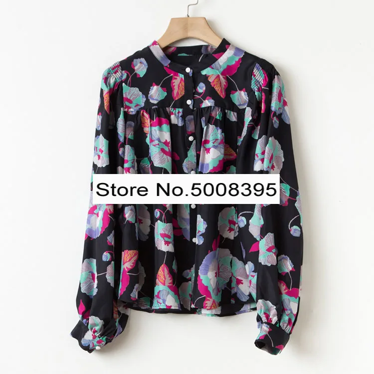 Женская винтажная блузка [ElfStyle] с цветочным принтом шелковая рубашка воротником
