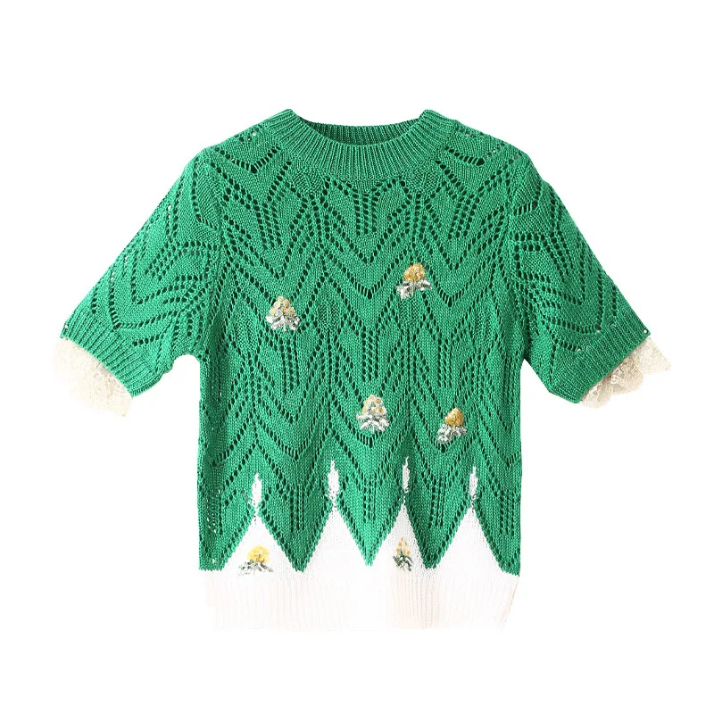 

SAYTHEN 2021 Summer New Ladies Pullover Lace Short-Sleeved Sequined Small Flower Stitching Hollow Round Neck Green Knitted Top