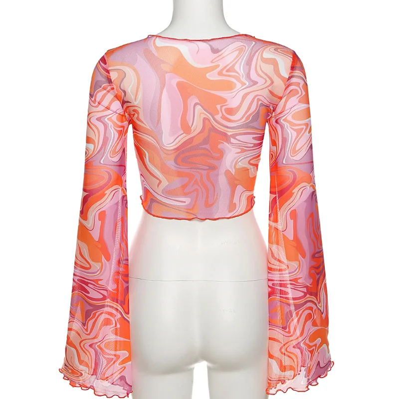 

Women Summer Printing Cardigan Short Skirt Fashion Bandage Cropped Tops And High Waist Tight Skirt Sexy Sheer Set Blue Orange