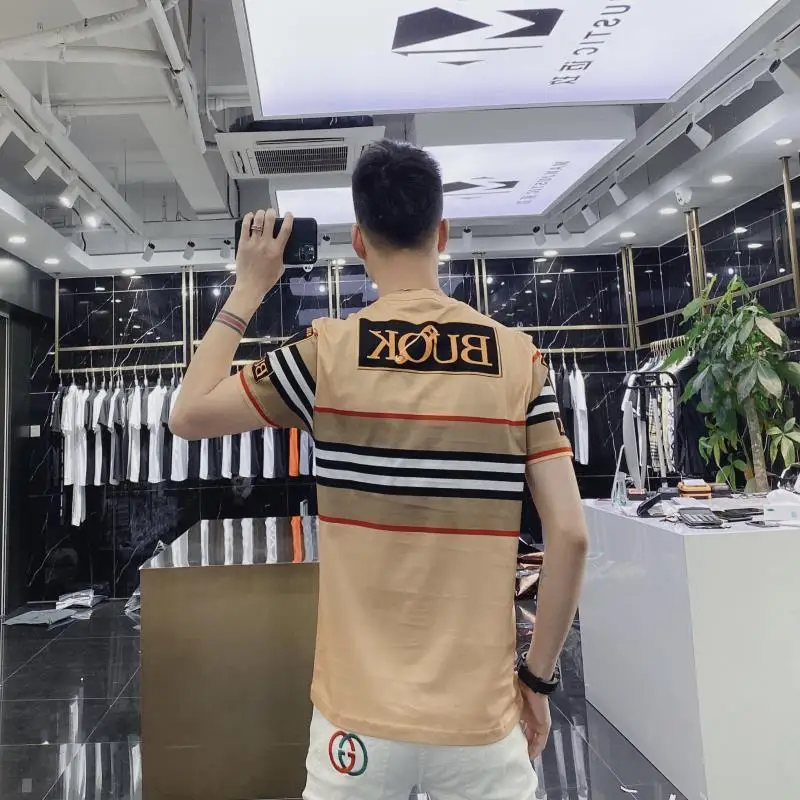 

2021 Summer New Fashion Crewneck Casual Stripe Print Short Sleeve T-shirt Men's Loose Half Sleeve Tide