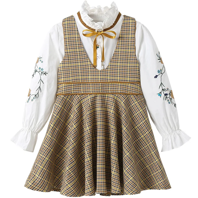 

2020 Summer Children Sets Casual Long Sleeve Print Floral T-shirt Sleeveless Plaid Dresses 2Pcs Girls Clothes Sets 3-12T