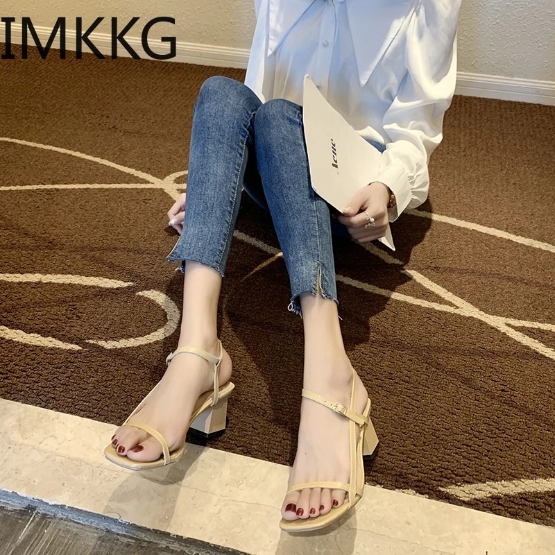 Fashion Women Sandals Shoes Peep Toe Party Square Heel narrow band Summer white shoes women zapatos mujer | Обувь