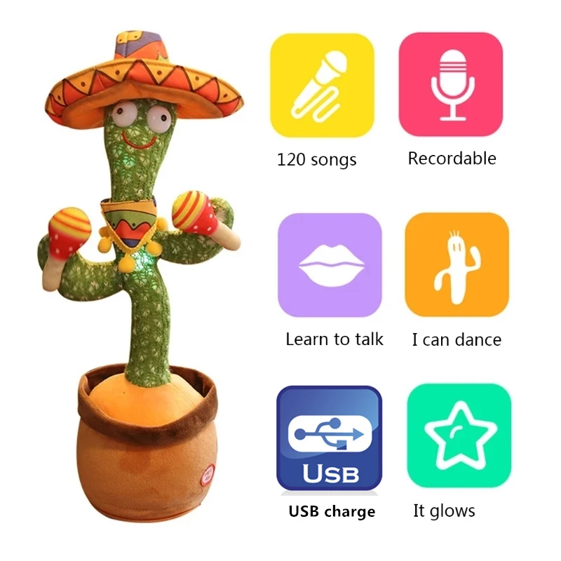 Juguete de peluche con USB para ni&ntilde;os y ni&ntilde;as, 120 canciones, baile, cactus, bailarina, altavoz, repetir, hablar, beb&eacute; relleno-1