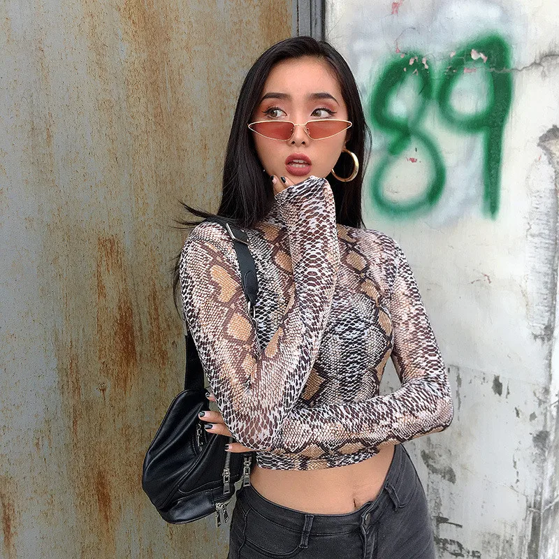 

Casual Green Snake Print T Shirt Women Mesh Top Long Sleeve Transparent Snakeskin Female T-shirt High Neck Crop Tops
