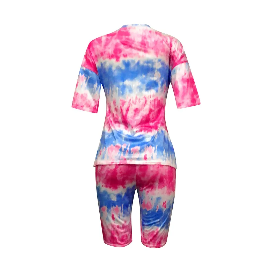 

Newly Design Women Sets Women Fashion Tie-dye Print Short Sleeve Skinny Shirt Short Pant 3 Piece Set 207