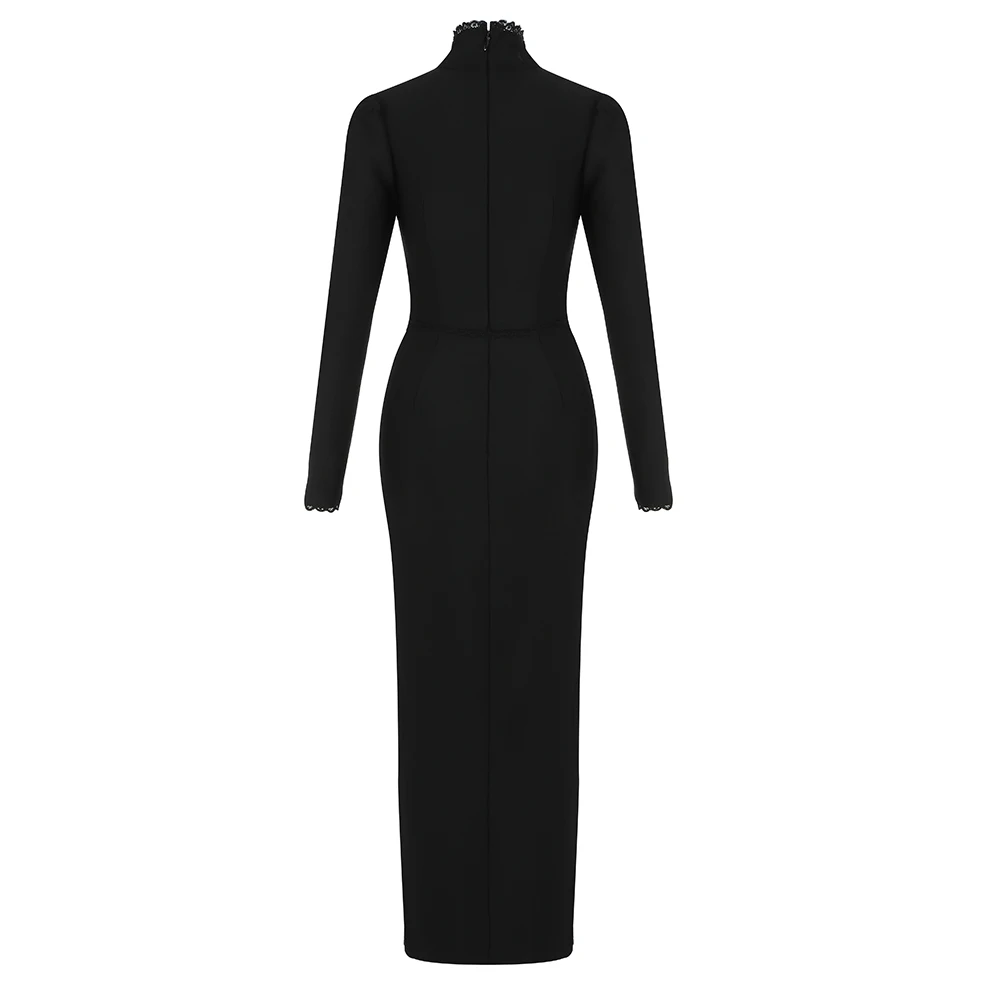 

High Quality 2021 Sexy Winter Black Women's Dress Celebrity Hollow Party Club Vestido Ankle Length O Neck Dress Bodycon