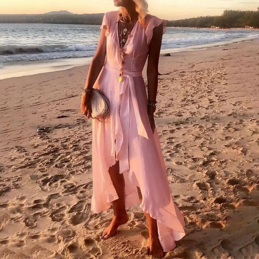 

60% Прямая поставка! Летнее модное женское платье в богемном стиле, однотонное платье с V-образным вырезом и коротким рукавом, необычное женск...