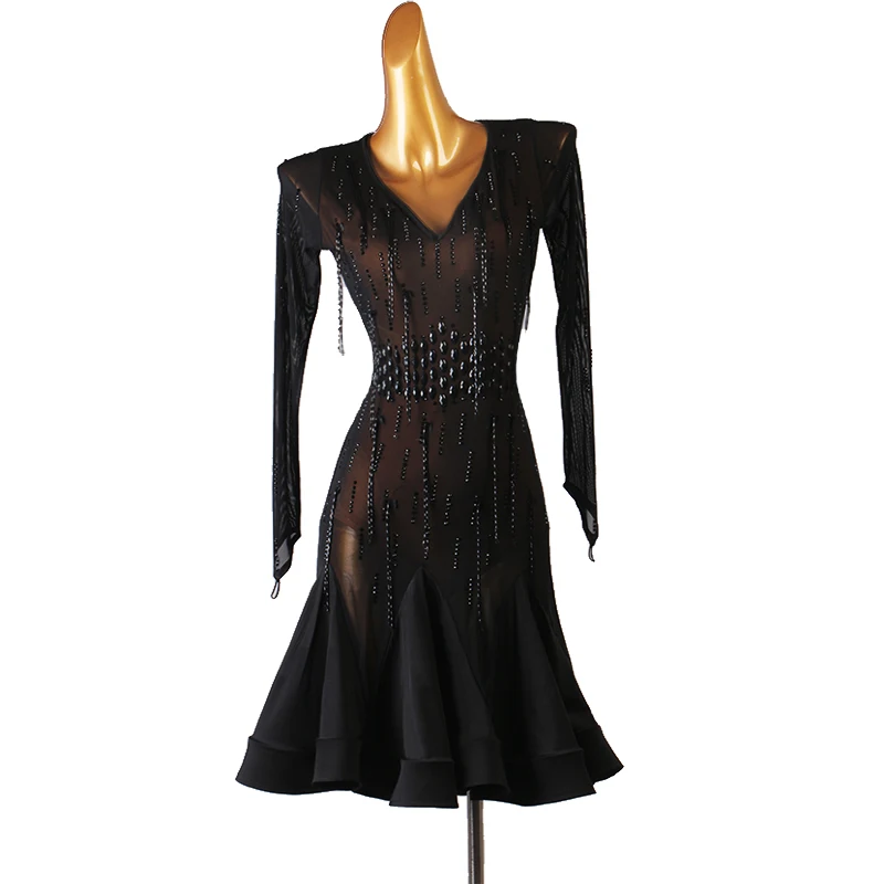 

New Latin Costumes For Women Adult/Kids Long Sleeve Black Fringe Clothing Modern Competition Performance Stage Dress DQL5081