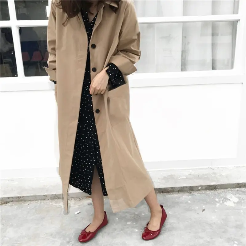 Женский Тренч с отложным воротником длинный однобортный разрезом на рукавах