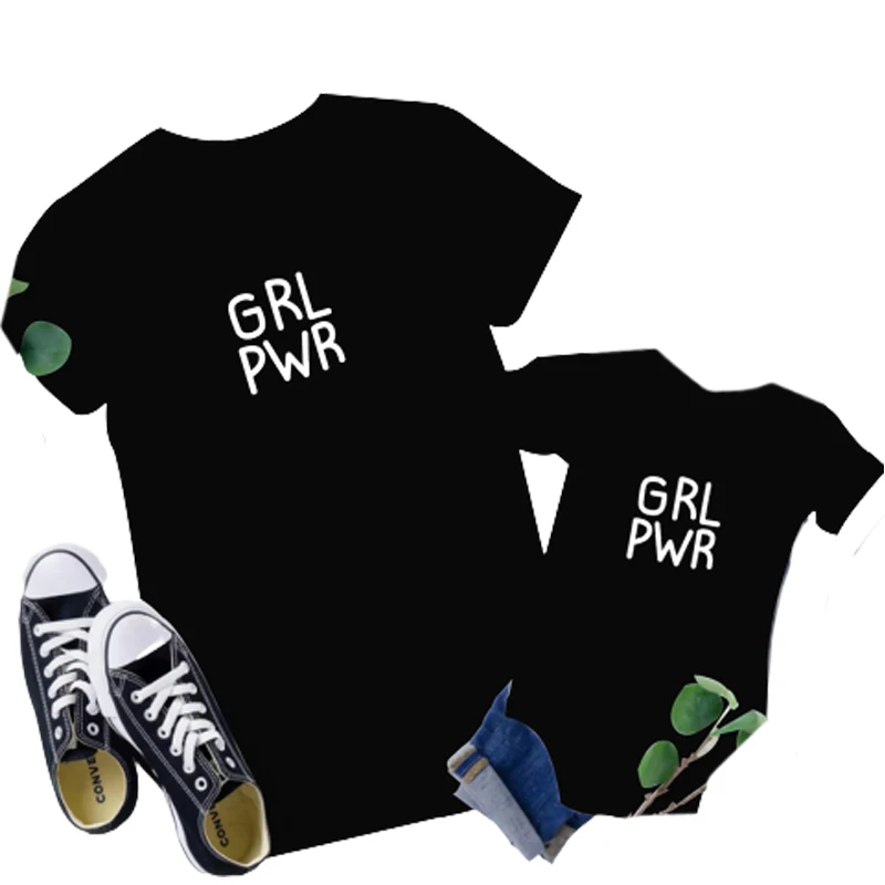 Camiseta a juego para la familia, ropa con estampado de letras Grl Pwr, pap&aacute;, mam&aacute; y yo, Padre, Hijo, madre e hija, trajes a juego-0