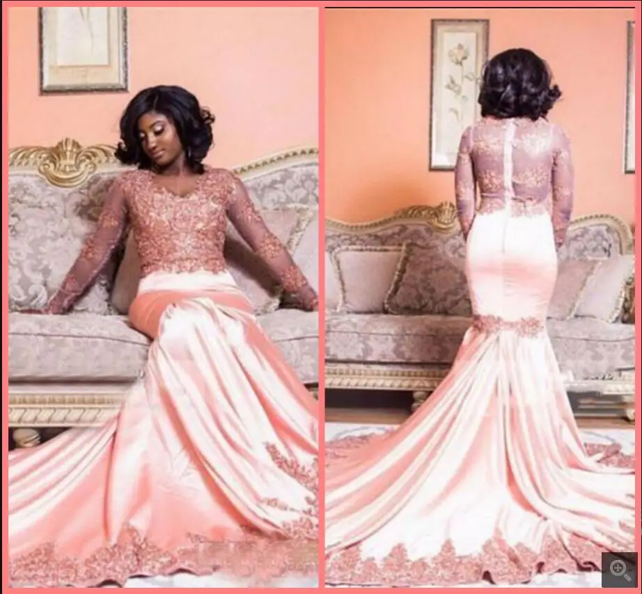 

2021 великолепные розовые круглый вырез горловины с оборками Кружева Аппликация Русалка Выпускные платья Прозрачная одежда с длинным рукаво...