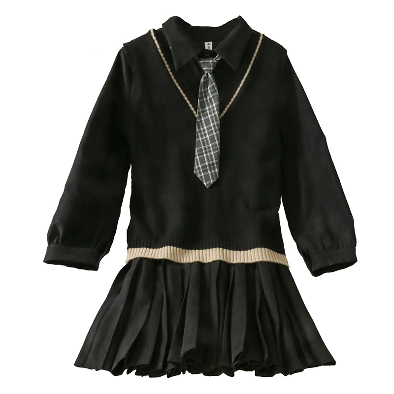 

Suit women's autumn winter 2020 New Retro lapel tie long sleeve Pleated Dress with loose knit vest