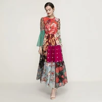 long dress bohemia designer 2021 spring new womens flare sleeve colorblock print vintage elegant party dresses