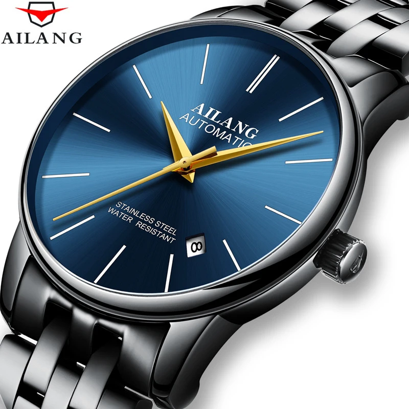 AILANG Fashion Simple Blue Dial Luxury Automatic Watch Men's Stainless Steel Waterproof Calendar Business Mechanical Watch 2603G