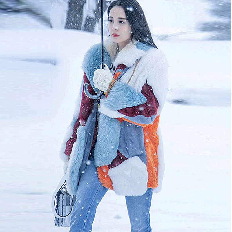 

Женская куртка из искусственного меха, длинная теплая куртка оверсайз с цветными вставками, верхняя одежда для зимы, 2019