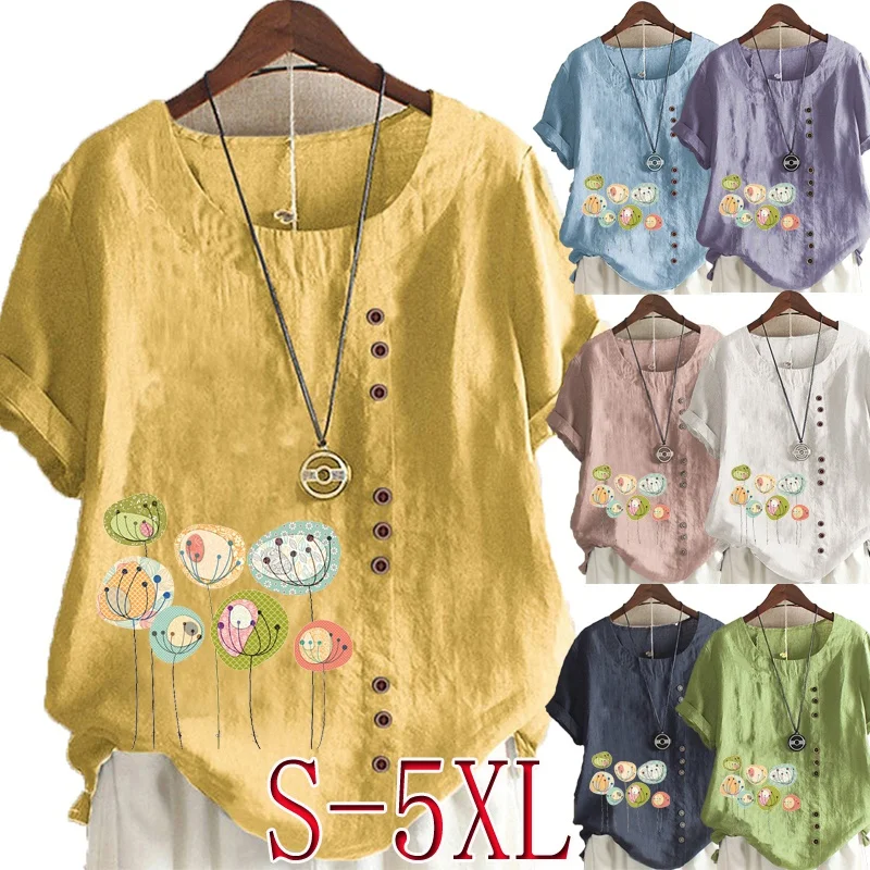 

New Fashion Women's Cartoon Flowers Printed Short Sleeve Round Neck Blouse Tops Casual Linen T-shirt Plus Size