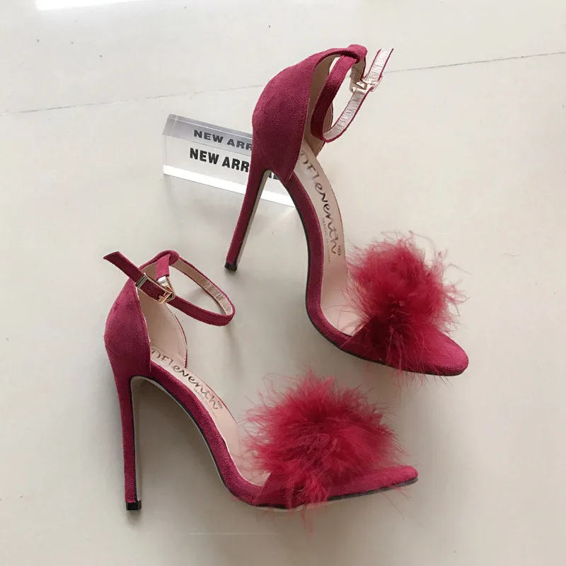 

Fashion 11cm Heels Summer Shoes Women Stiletto Sandalen Open Toe Fluff Strappy Thin High Heels Lace Up Fur Sandals 35-43