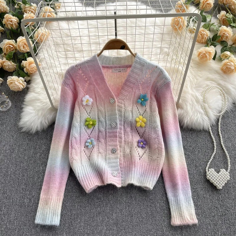 

Женский свитер в стиле ретро с градиентом, свободный яркий короткий вязаный кардиган с трехмерными цветами, KK1593