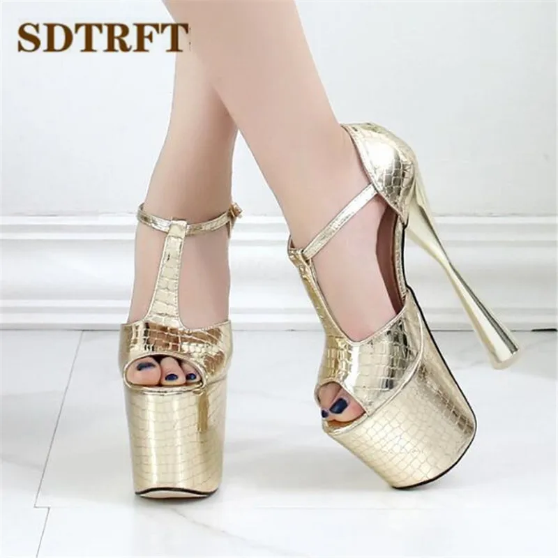 

SDTRFT Stiletto Ladies Nightclubs Dance Sandals Platform shoes woman 20cm Thick Heeled Crossdresser T-Strap Gold Sliver Pumps