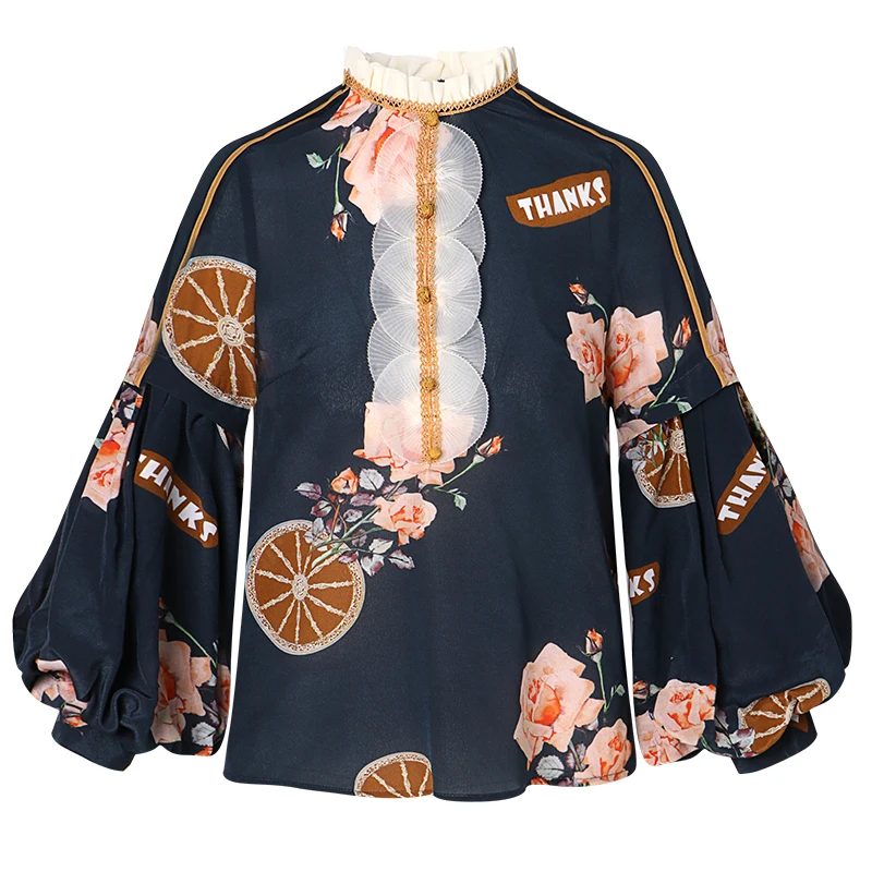 

100% Silk Women's Shirt Ruffled Collar Long Lanter Sleeves Printed Appliques Fashion Pullover Blouse Tops