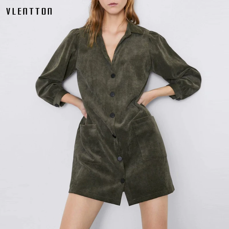 Женское вельветовое мини платье с карманами однотонное рубашка длинным рукавом