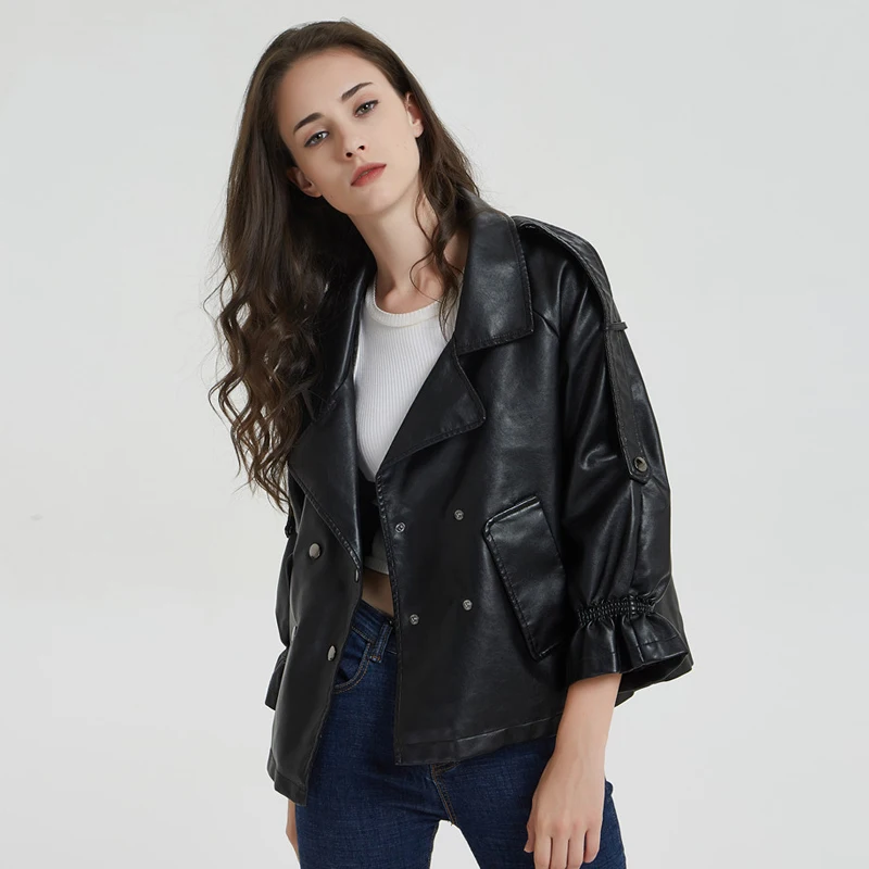 

New Pu Leather Jacket Women Double Breasted Flare Sleeve Short Motorcycle Biker Leather Jackets Ladies Black Brown Outwear Loose