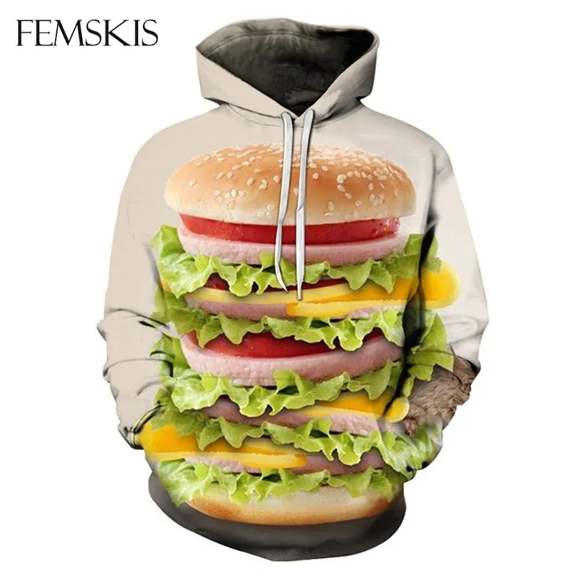 

FEMSKIS Autumn 2020 New Hoodies 3D Printed Hoodie Big Hamburger Mens Womens Hoody Hip Hop Sweatshirts Tracksuit Streetwear