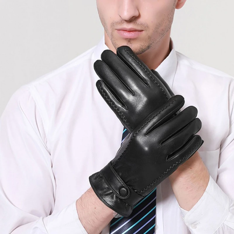 Men Genuine Leather Gloves Winter Warm Touch Screen Gloves Adult Male Driving Fashion  Full Finger Black Gloves High Quality