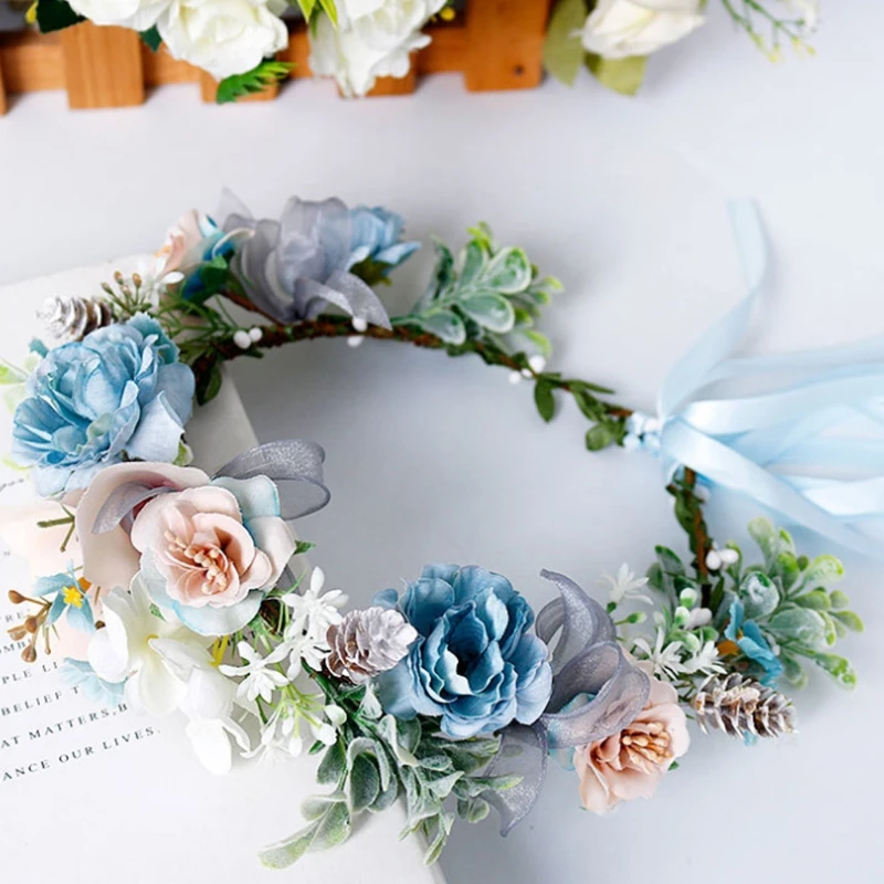 

Boho Beach Wreath Headband Artificial Blue Flower Crown Halo Garland Headpiece