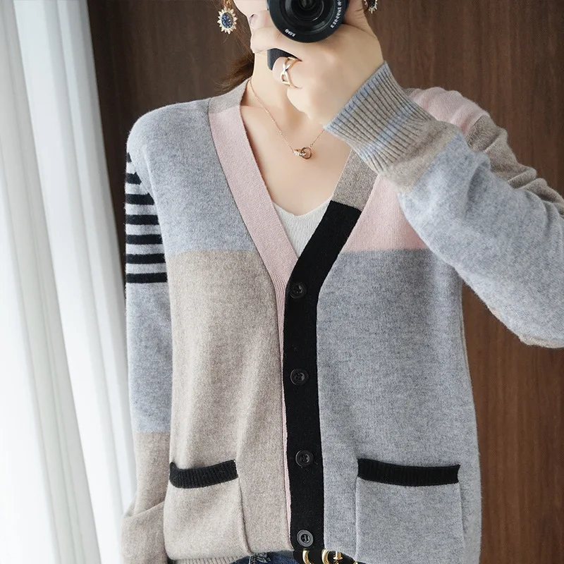 

Ozhouzhan New Style Autumn Clothing Mixed Colors Plaid Sweater Cardigan Coat Female Thin V-neck Wool Knitted Blouse