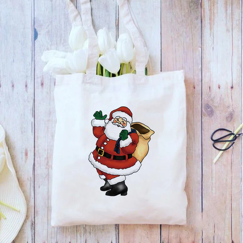 

Santa Claus And Elk Women's Printed Handbag Christmas Tote Bags High Capacity Eco Reusable Shopping Bag Foldable Shoulder Bags
