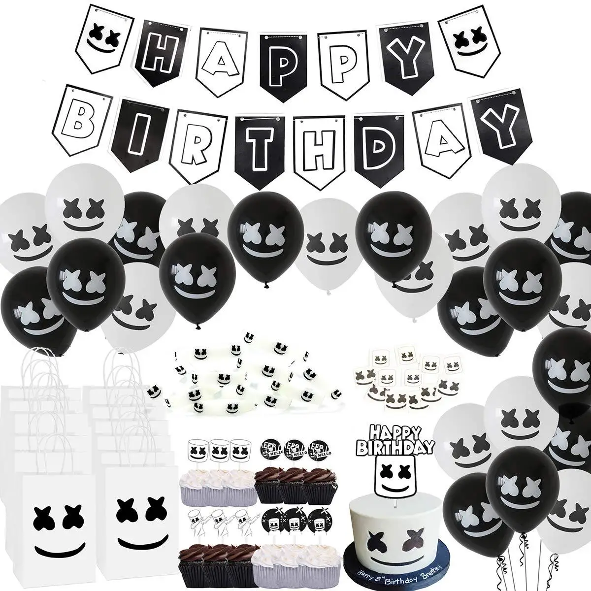DJ marshmallow latex balloons Happy Birthday banner DJ mask music Festival party decoration ballons white black Electronic toy