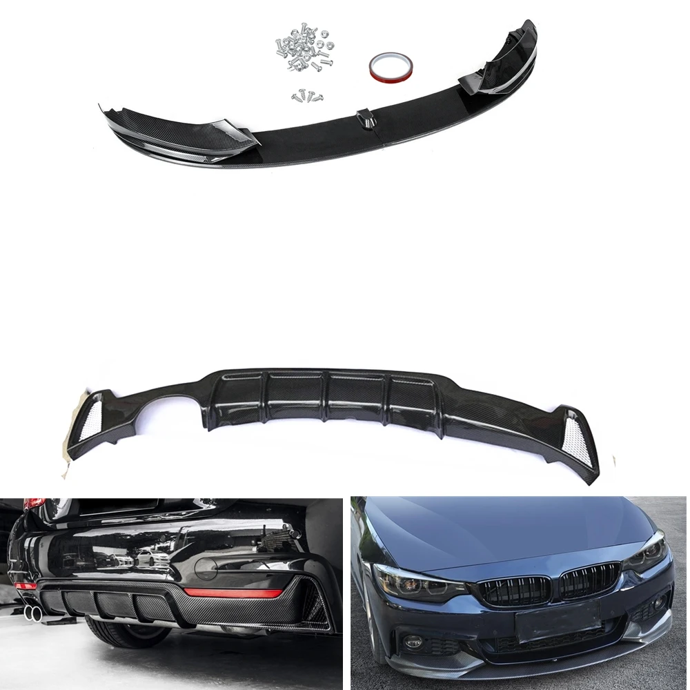 

For BMW F32 F33 F36 4 Series 2014-2020 M Sport ABS Carbon Fiber Look Front Spoiler Lip Splitter Blade+Rear Bumper Diffuser Kit