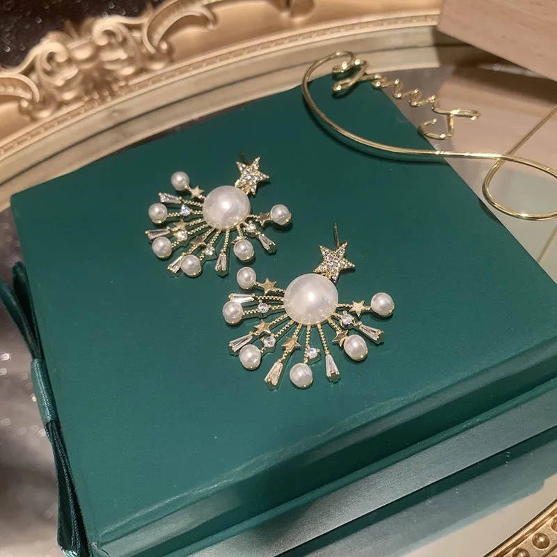 

Trendy Simple Sweet Pearl Zircon Five Star Fireworks Tassel Drop Earrings For Women Luxury Temperament Fashion Jewelry Gifts