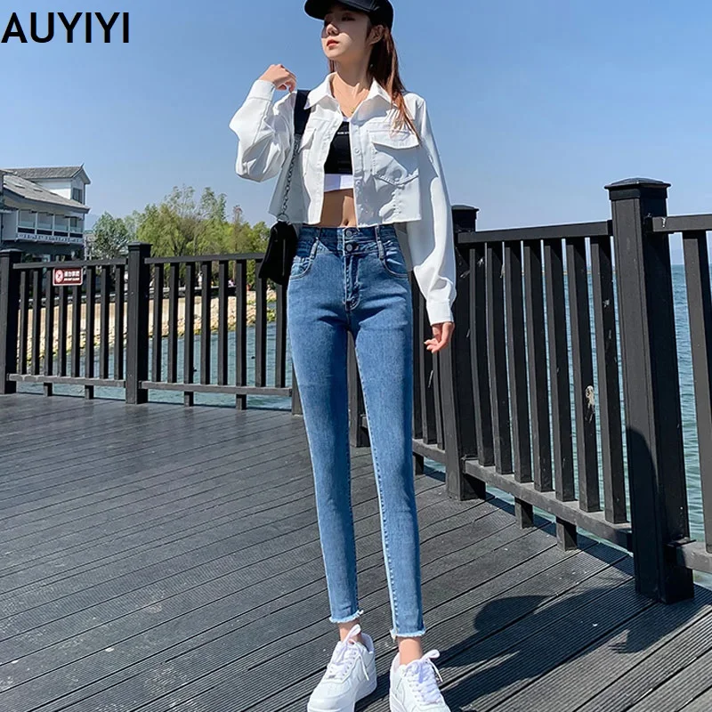 

AUYIYI High waist small feet spring and autumn pencil black denim thin waist pants fashion casual plus size women's blue S-5XL