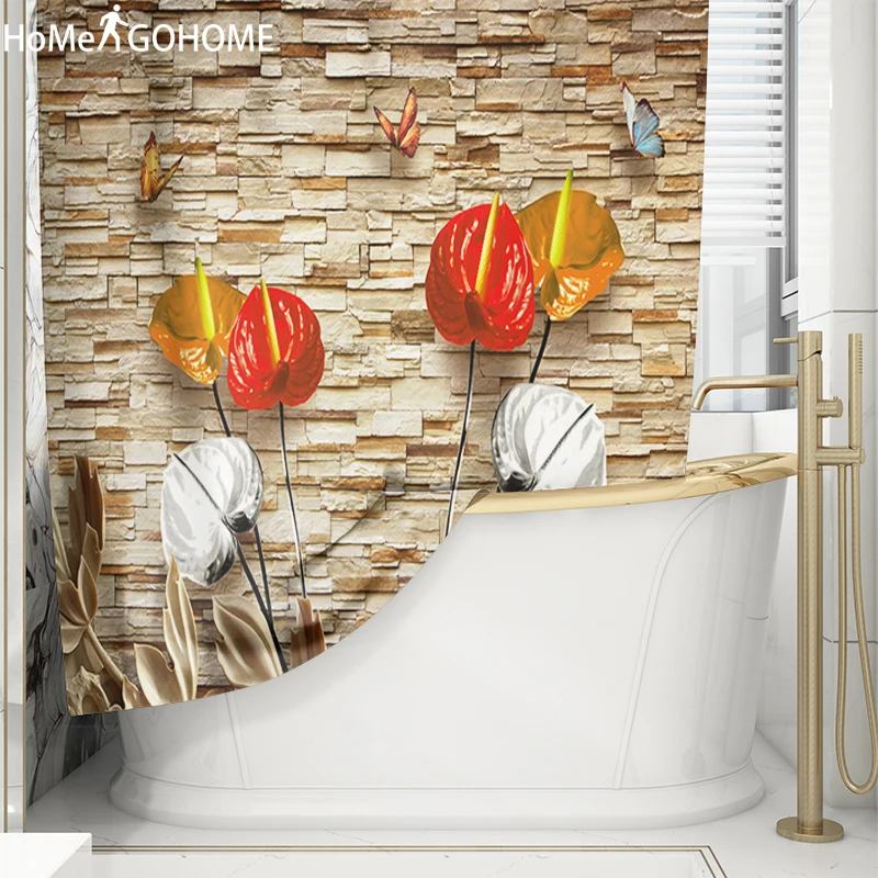 Водостойкая занавеска для душа с кирпичной стенкой цветочными маками 3D из