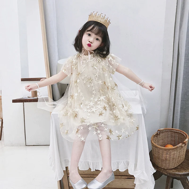 

Children Summer Casual Dress Baby Girls Pentagram Embroidery Pattern Mesh Design Kids Princess Dresses