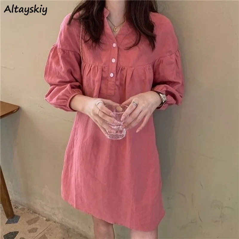 

Women Long Sleeve Dresses Solid Pleated Stand Collar Kawaii Ulzzang Fashion Mini Dress Students A-line Sweet Streetwear Princess