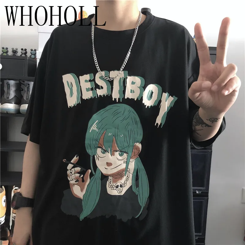 

WHOHOLL 2021 Summer Couples T-shirts Man Women Gothic Letters Cartoon Girl Print T-shirt Short Sleeve Loose Top Tshirts