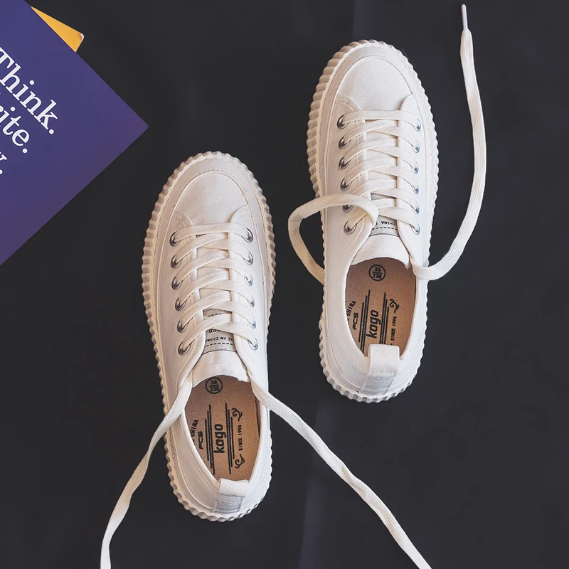 Повседневная парусиновая женская обувь Новинка однотонная на плоской подошве в