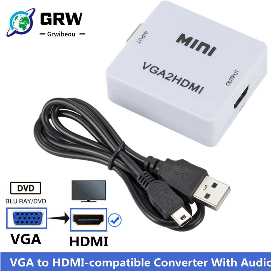 

Grwibeou Portable Mini VGA to HDMI-compatible Converter VGA2HDMI Video Box Audio Adapter 1080P For Notebook PC HDTV Projector TV