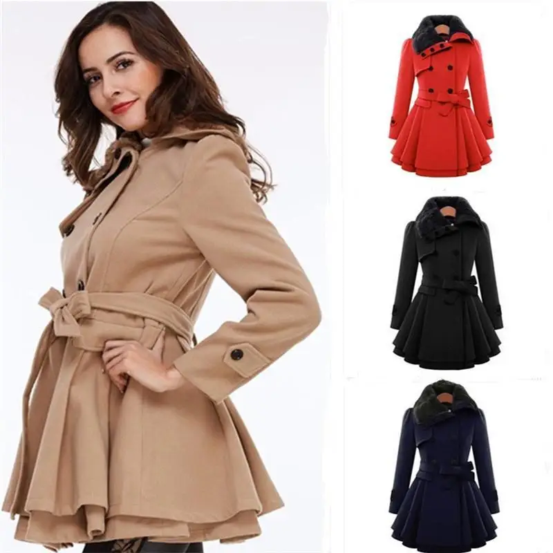

Woman Coat Winter Belt Fur Turndown Collar Trench Coats Women Ruffle Hem Overcoat Casual Double-breasted Female Woolen Coat#y
