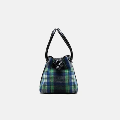 green plaid Женская сумка-мешок из шерстяного хаундстута,, зимняя, японская, дизайнерская, клетчатая, из синтетического флиса, кошельки и сумки на шнурке, Повседневная - Цвет: green plaid