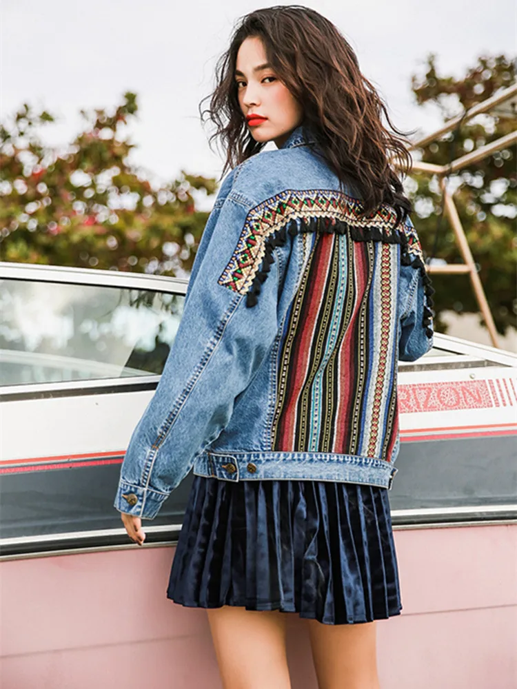 Новинка 2019 осенняя джинсовая женская куртка модная винтажная с национальным