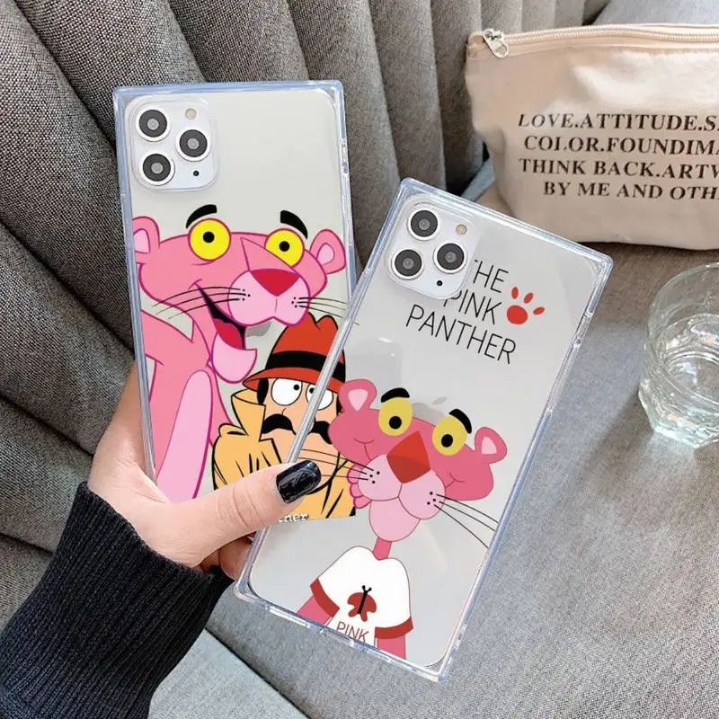 

Cute playful pink panther Phone Case For iPhone 7 8 11 12 X XS XR MINI Pro Max Plus Clear Square Transparent