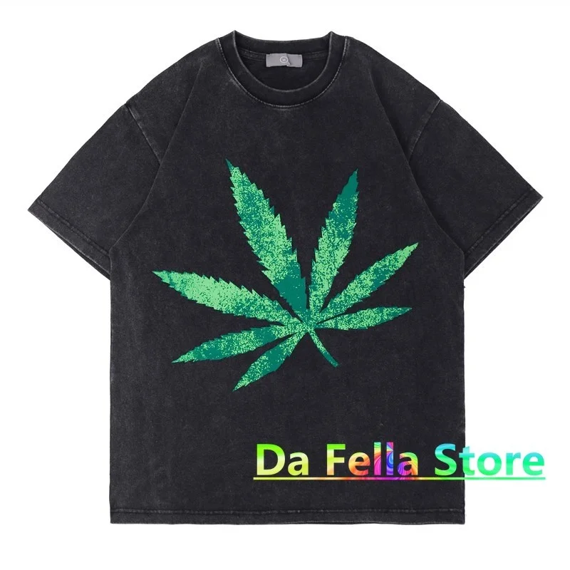 

2021ss Leaf T shirt Men Women High Quality Vintage Washed Tee Foliage Mark Printed Short Sleeve