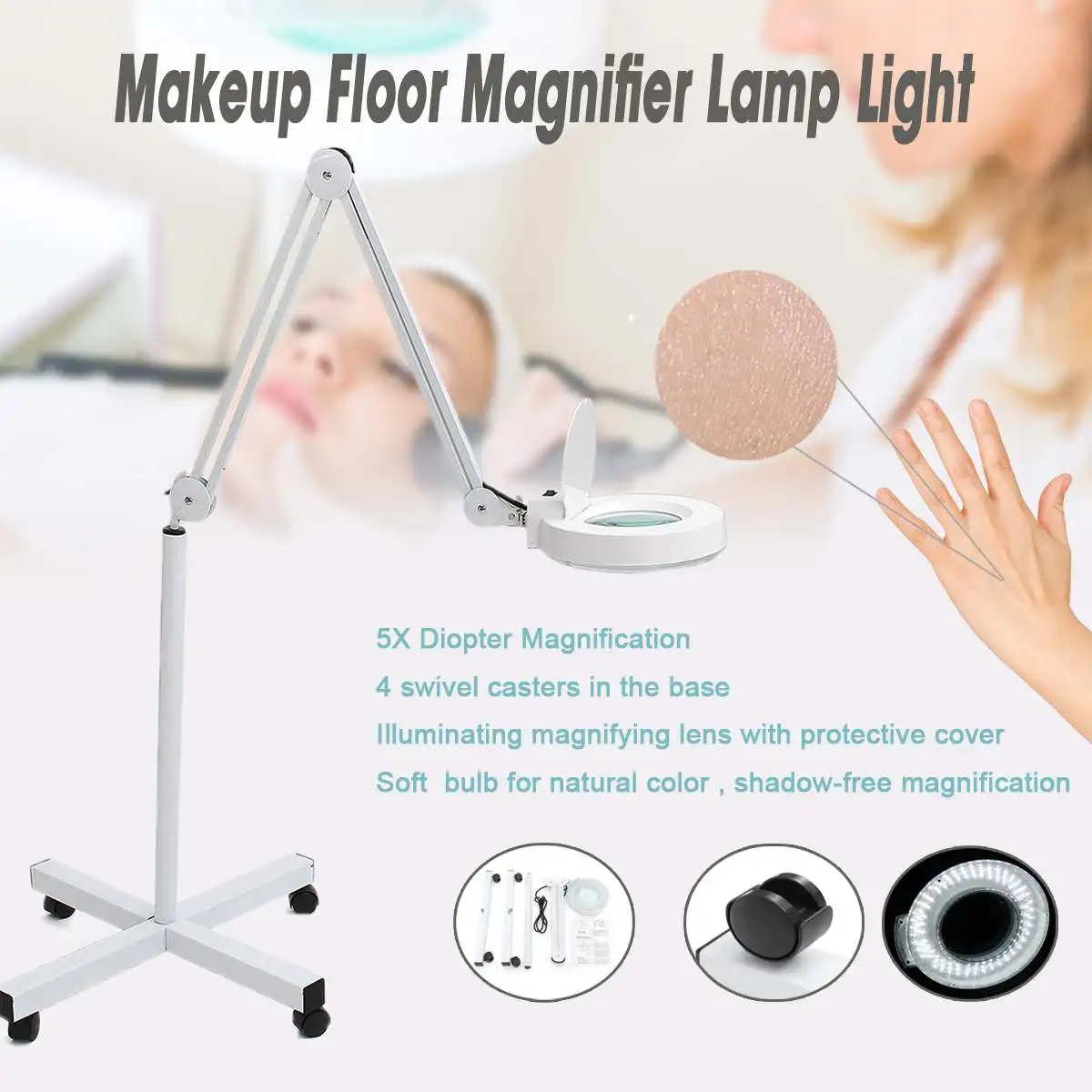 

5x LED Lamp Light Makeup Floor Magnifier Skincare Cold Lens Beauty Manicure Tattoo Salon Spa For Medical Cosmetology