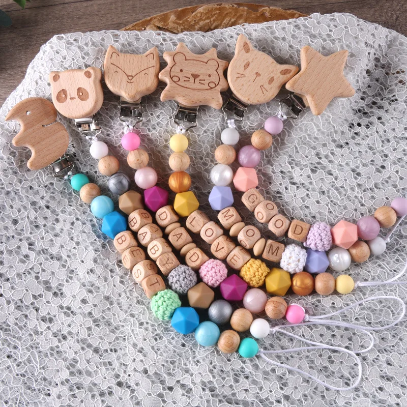 

New Personalized Baby Pacifier Clip Beech Wood Animal Clip Custom Name Teether Pacifier Anti-Drop Molar Chain Baby Toy