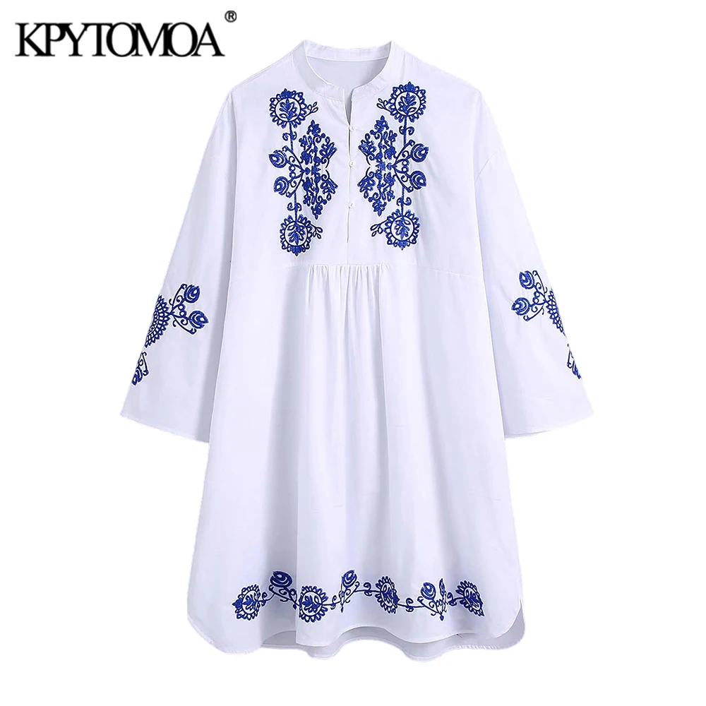 

KPYTOMOA Women Fashion Totem Embroidery Asymmetric White Mini Dress Vintage Three Quarter Sleeve Female Dresses Mujer